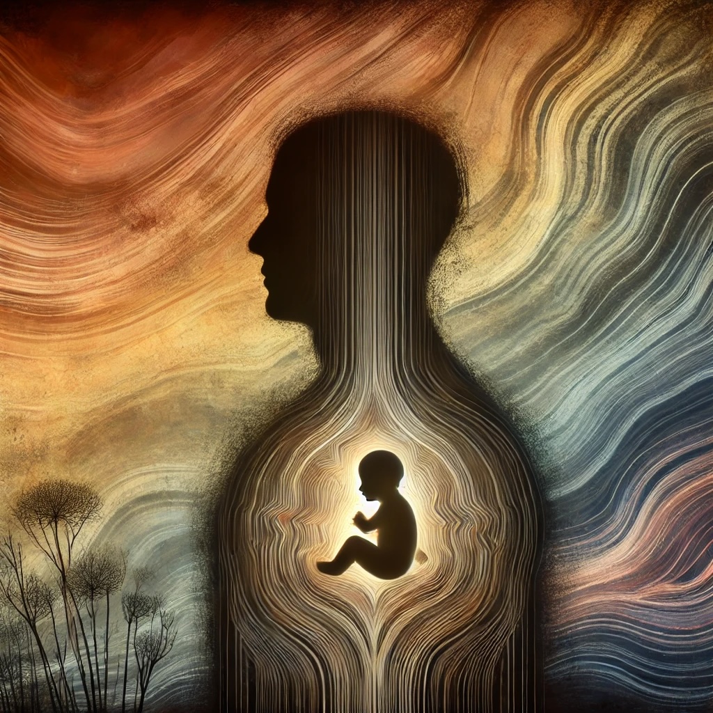 Silhouette eines Menschen mit einem Baby im Inneren, umgeben von einem Hintergrund, der von warmen, ruhigen Farben zu dunklen, stürmischen Tönen übergeht. Symbolisiert frühkindliche Angst und ihre Auswirkungen auf das Leben.